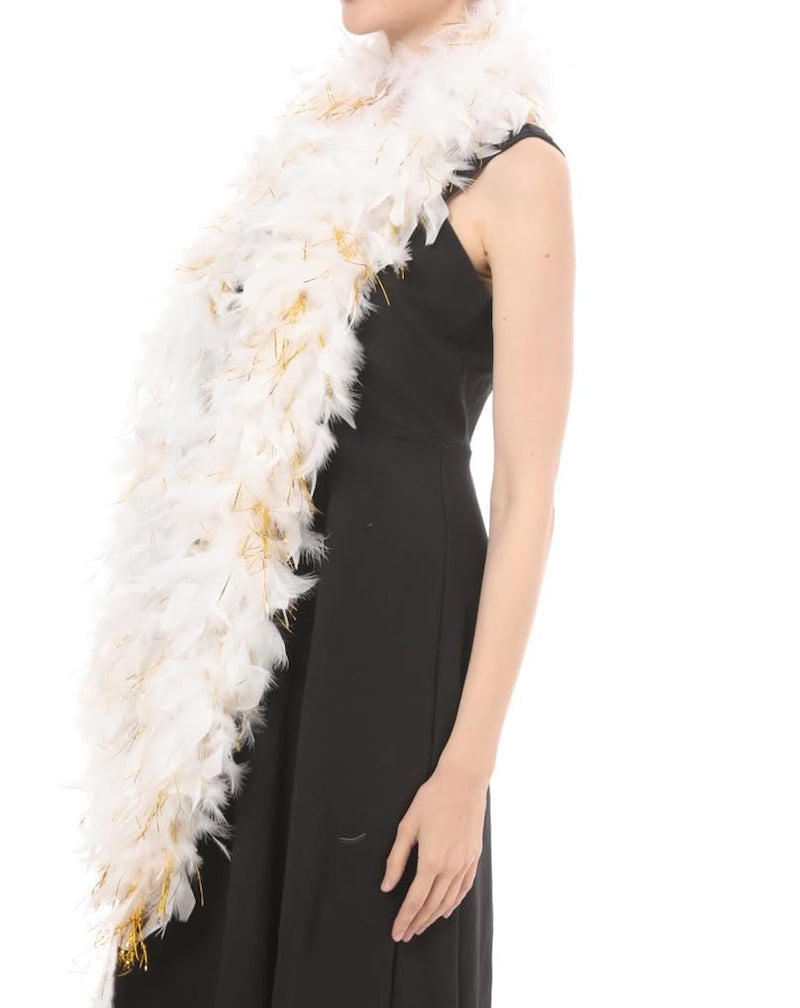 Flydreamfeathers 80 Gram, 2 yards Long Turkey Chandelle Feather Boa, Great for Party, Wedding, Halloween Costume, Christmas Tree Decoration (white w/gold tinsel color) - Image 3